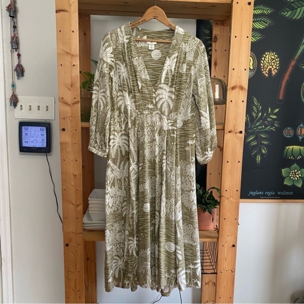 Desmond & Dempsey X H&M Green White Tropical Palm Print Linen Blend Midi Dress S - Picture 4 of 15